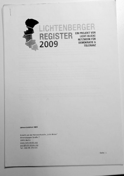 Titelseite der Broschüre: Jahresrückblick 2009 des Lichtenberger Registers, weißer Hintergrund, Logo.