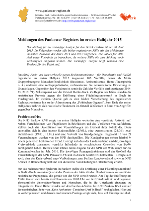 Erste Seite der Halbjahres-Auswertung Register Pankow, im August 2015