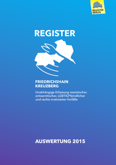 Titelseite der Broschüre: Auswertung 2015 vom Register Friedrichshain-Kreuzberg