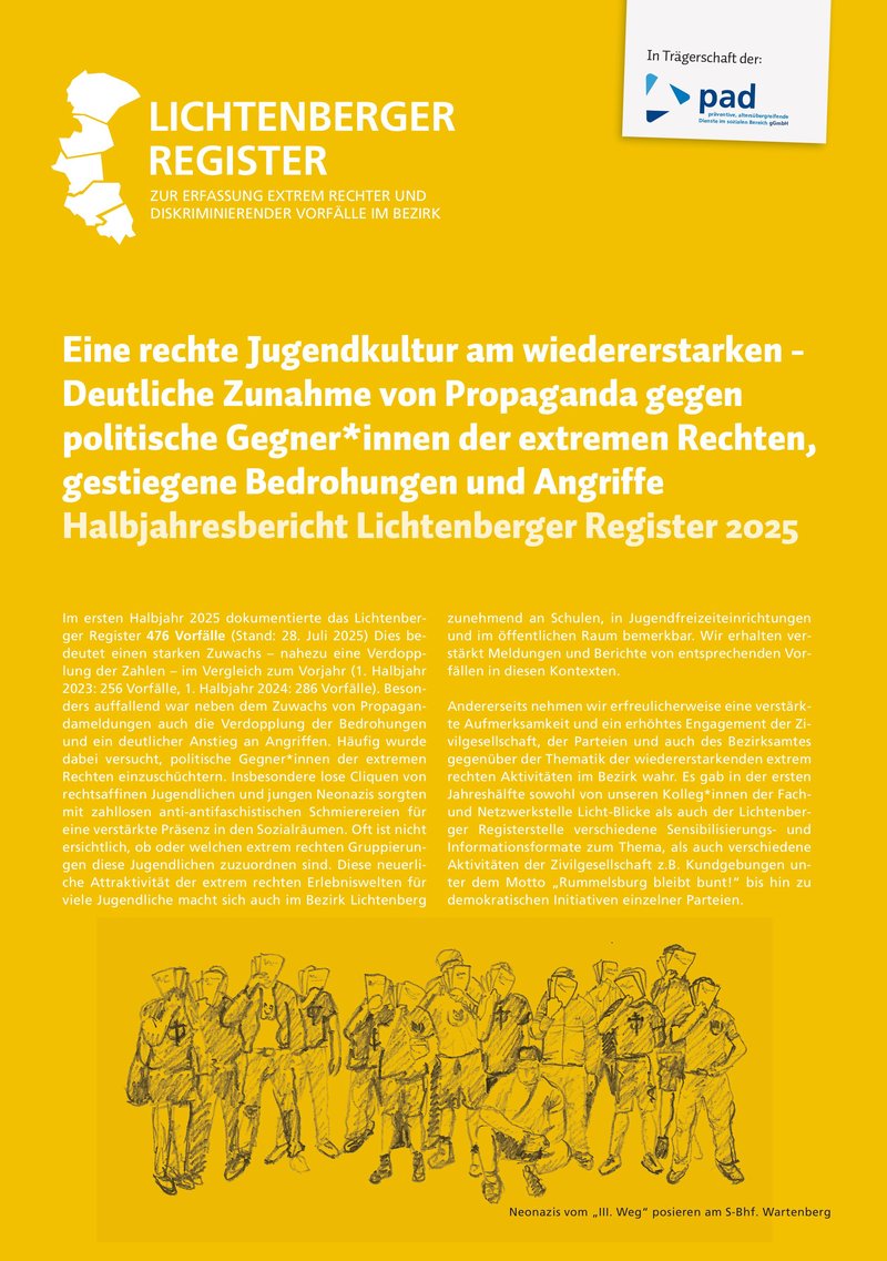 Titelseite des Halbjahresberichtes mit gezeichneten Bild einer Aktion des III.Wegs in Wartenberg
