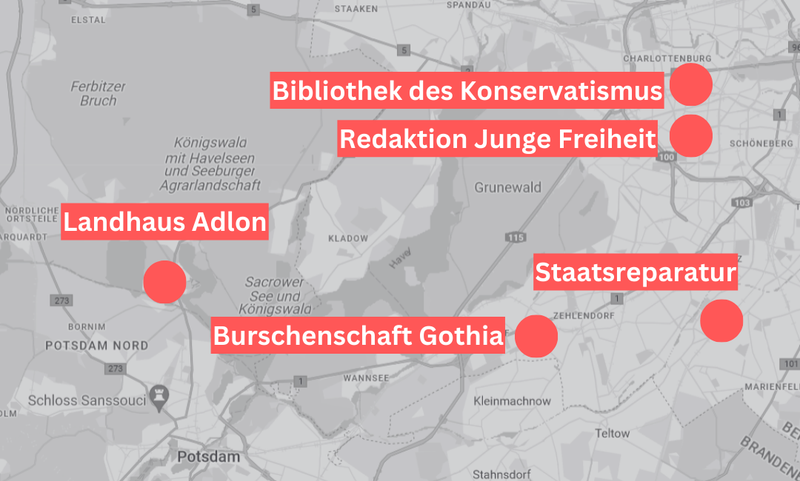 Karte Südberlins mit relevanten Hotspots der Neuen Rechten