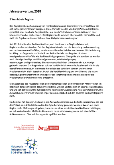 Seite 1 der Auswertung für Steglitz-Zehlendorf 2018