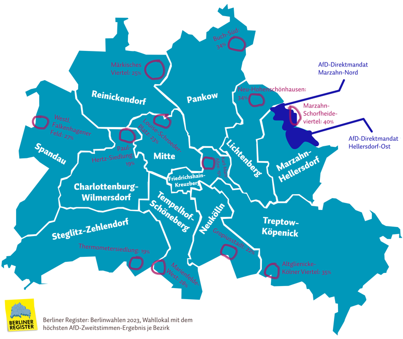 Berlinwahlen 2023: Wahllokale mit dem höchsten AfD-Zweitstimmen-Ergebnissen je Bezirk