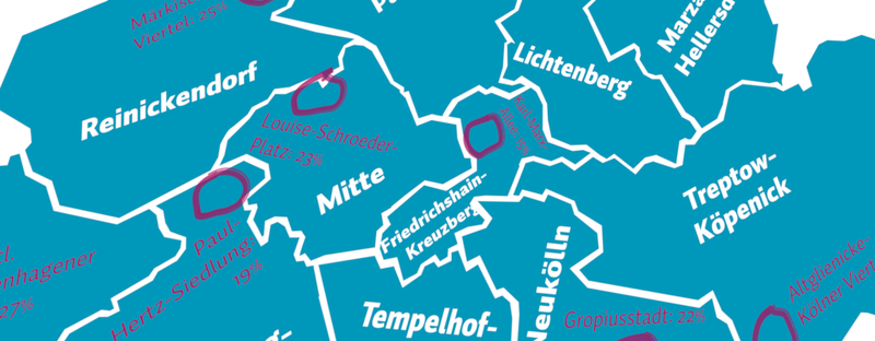 Schmuckbild: Berlin-Karte mit Bezirksgrenzen und gemalten Kringeln auf bestimmten Berliner Vierteln und Kiezen