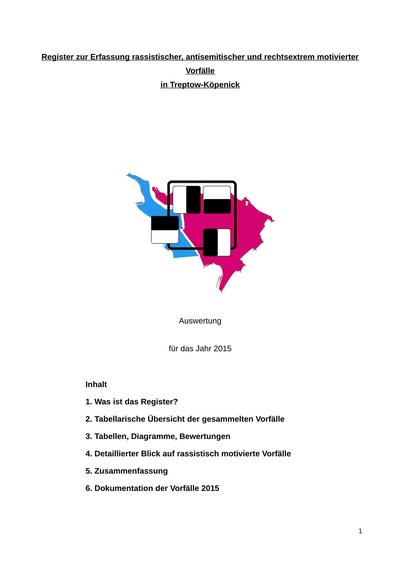 Logo des Register, Text: Register zur Erfassung rassistischer, antisemitischer  und rechtsextrem motivierter Vorfälle  in Treptow-Köpenick, Auswertung  für das Jahr 2015