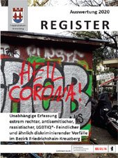 Auf der Umschlagseite der Auswertungsbroschüre 2020 ist das Graffiti "Heil Corona" an einem Stomhäuschen zu sehen.