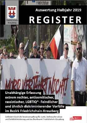 Auf dem Titel der Auswertungsbroschüre sind Vertreter der Extremen Rechten auf dem sogenannten "Hess Marsch" in Berlin zu sehen. Sie tragen ein Transparent "Mord verjährt nicht" und Reichsflaggen.
