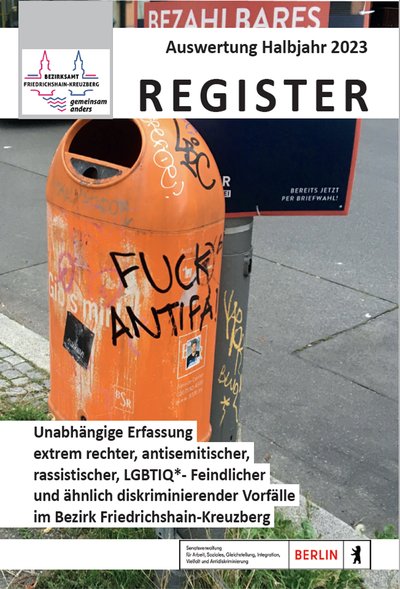 Broschürendeckel Halbjahr 2023 mit einem Papierkorb an dem die Propaganda Fuck Antifa angebracht ist