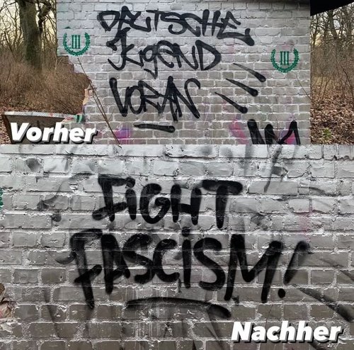 Bildvergleich Vorher - Nachher. Vorher: eine Wand mit dem Schriftzug "Deutsche Jugend Voran" und zwei Logos des III. Weg. Nachher: eine Wand mit dem Schriftzug "Fight Fascism!"