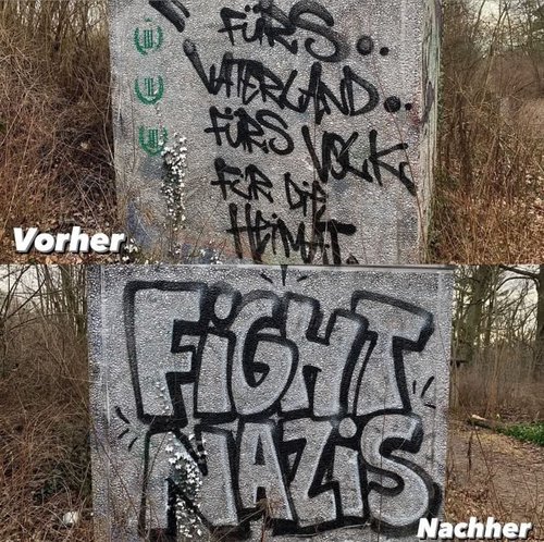 Bildvergleich Vorher - Nachher. Vorher: eine Wand mit dem Schriftzug "Fürs vaterland. Fürs Volk. Für die Heimat." und drei Logos des III. Weg. Nachher: eine Wand mit dem Schriftzug "Fight Nazis"