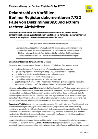 Screenshot der Presseerklärung der Berliner Register vom 3. April 2025, Seite 1