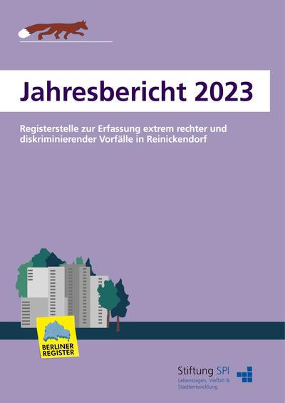 Titelbild des Jahresbericht 2023 vom Register Reinickendorf mit Fuchslogo und Logo vom Berliner Register und Stiftung SPI