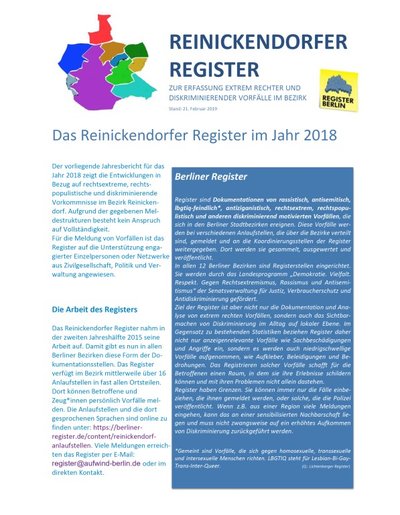 Das Bild zeigt das Titelbild des Jahresberichts 2018 des Register Reinickendorf