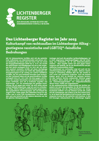 Titelbild des Lichtenberger Jahresbericht 2023: Das Lichtenberger Register im Jahr 2023 Kulturkampf von rechtsaußen im Lichtenberger Alltag - gestiegene rassistische und LGBTIQ*-feindliche Bedrohunge