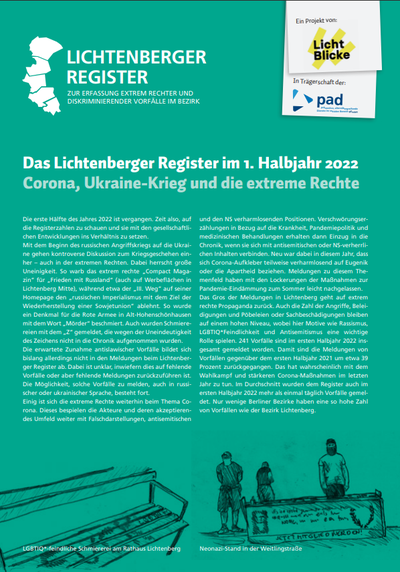 Titelbild Halbjahresbericht 2022 Lichtenberger Register Zeichnungen beschmierte Bank Neonazi Infostand