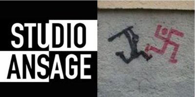 Logo Studio Ansage in schwarzweiß und Logo Wir holen uns den Kiez zurück Ein Nazi als Hakenkreuz dargestellt wird von einer vermummten Person in Strichzeichnung mit einem Knüppel verflogt - Tag abfotografiert von einer Hauswand