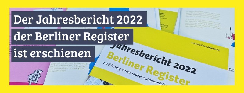 Text: "Jahresbericht 2022 der Berliner Register erschienen", im Hintergrund liegt eine Jahresbericht-Broschüre