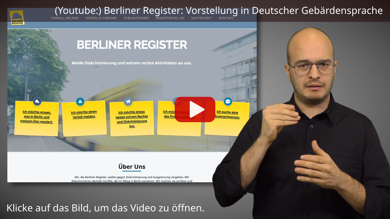 Vorschau-Bild zum Video "Berliner Register: Vorstellung in Deutscher Gebärdensprache" auf Youtube.